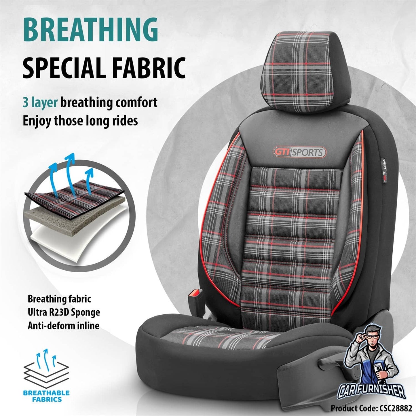 Car Seat Cover Set - Sports Design Red 5 Seats + Headrests (Full Set) Leather & Jacquard Fabric