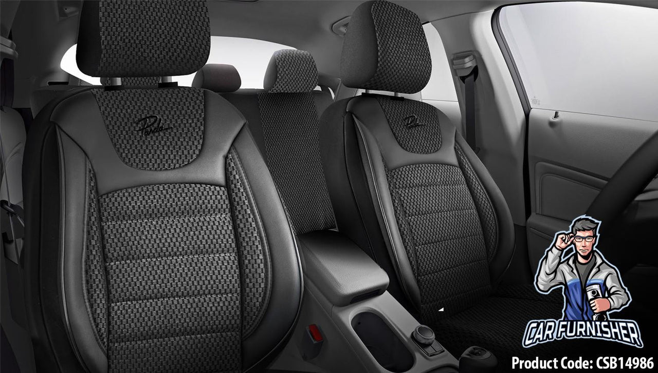 Car Seat Cover Set - Prestige Design Black 5 Seats + Headrests (Full Set) Leather & Woven Fabric