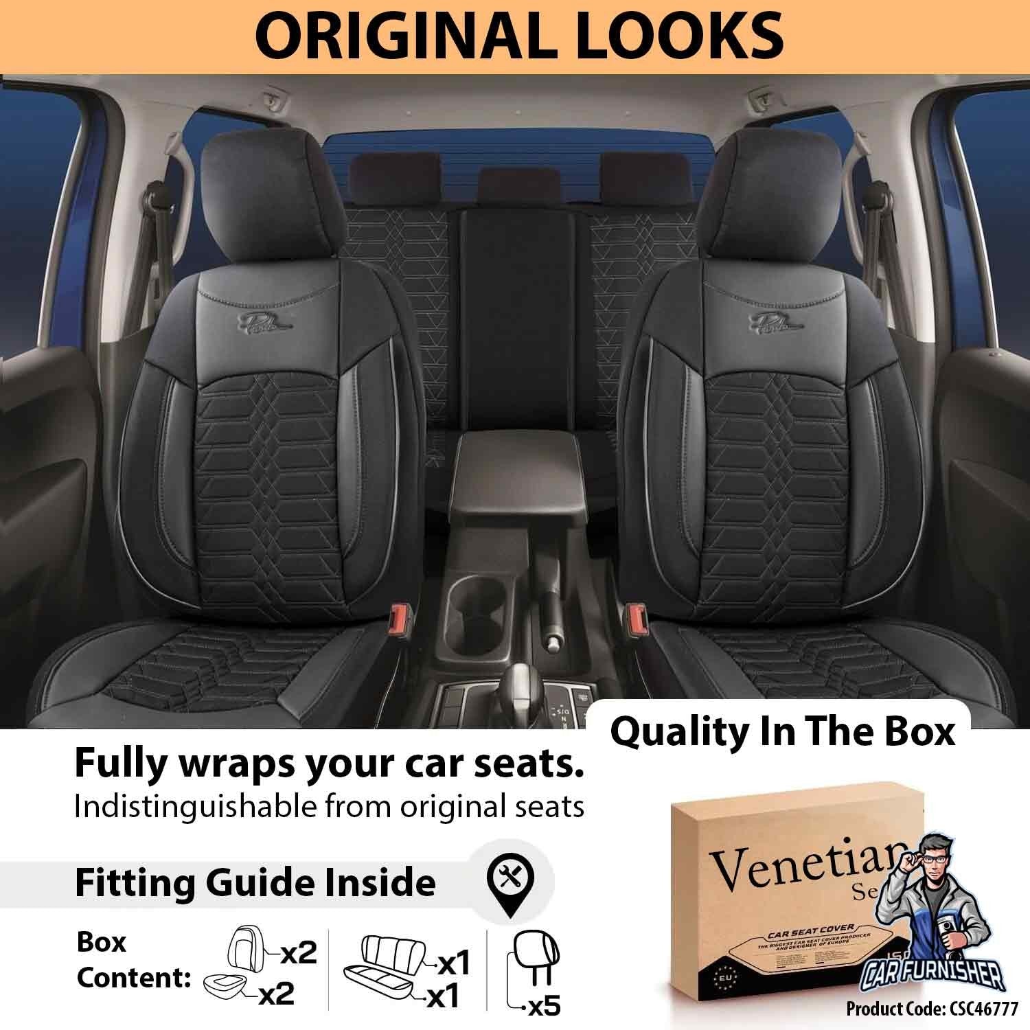 Luxury Car Seat Cover Set (5 Colors) | Venetian Series Black 5 Seats + Headrests (Full Set) Leather & Fabric