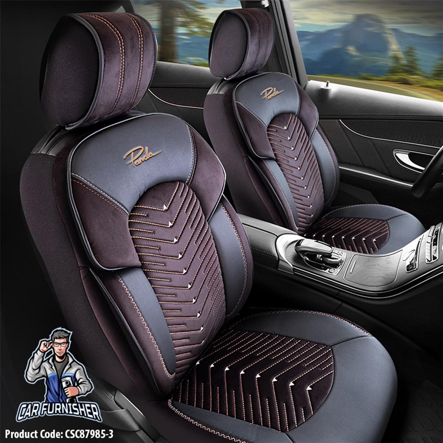 Car Seat Cover Set - Dubai Design Orange 5 Seats + Headrests (Full Set) Leather & Velvet Fabric