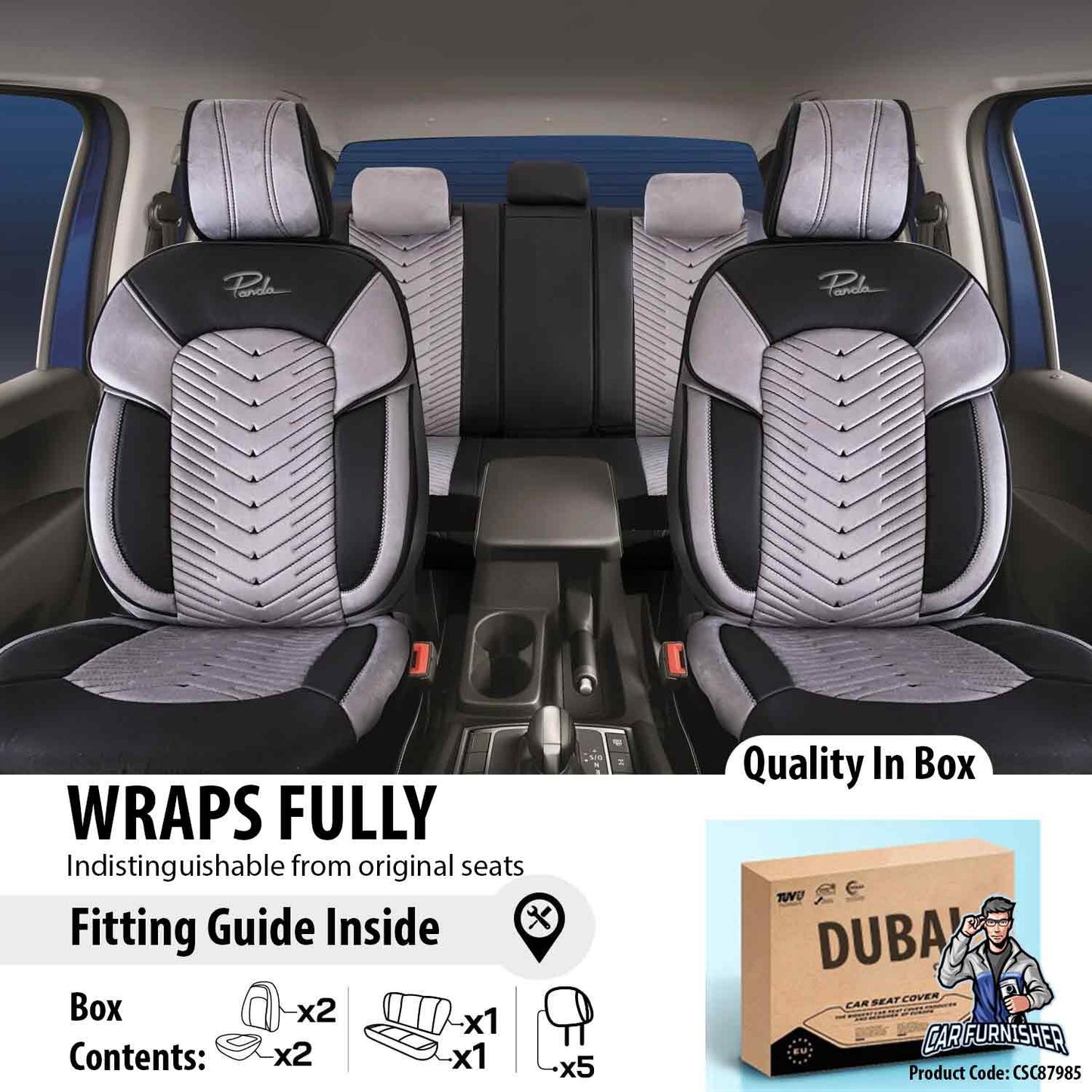 Car Seat Cover Set - Dubai Design Silver 5 Seats + Headrests (Full Set) Leather & Velvet Fabric
