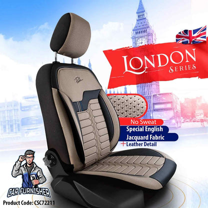 Car Seat Cover Set - London Design Dark Beige 5 Seats + Headrests (Full Set) Leather & Jacquard Fabric