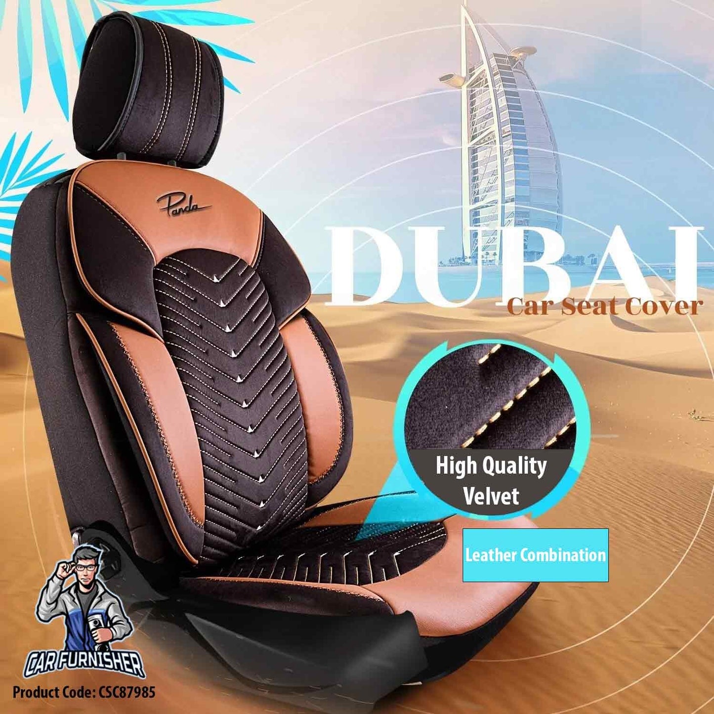 Car Seat Cover Set - Dubai Design Tan-Snuff 5 Seats + Headrests (Full Set) Leather & Velvet Fabric