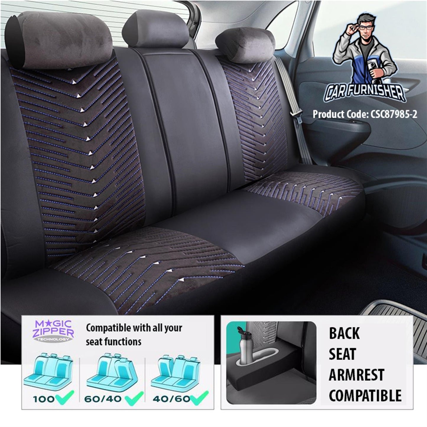 Car Seat Cover Set - Dubai Design Blue 5 Seats + Headrests (Full Set) Leather & Velvet Fabric