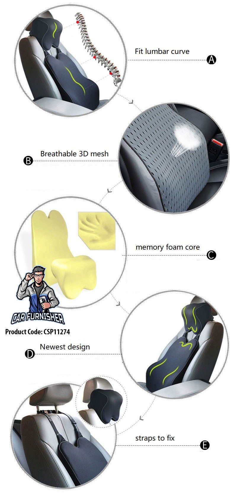 Memory Foam Ergonomic Car Seat Cover & Cushion Set (3 Pcs