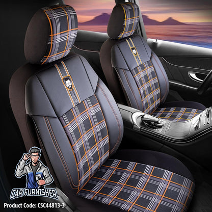 Car Seat Cover Set - Cesme Design Orange 5 Seats + Headrests (Full Set) Leather & Plaid Fabric
