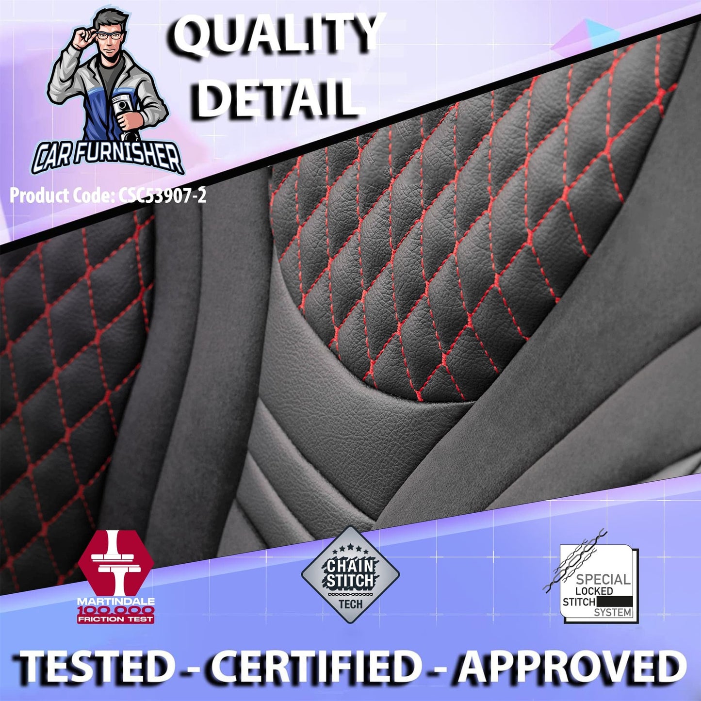 Car Seat Cover Set - Infinity Design Red 5 Seats + Headrests (Full Set) Leather & Suede Fabric