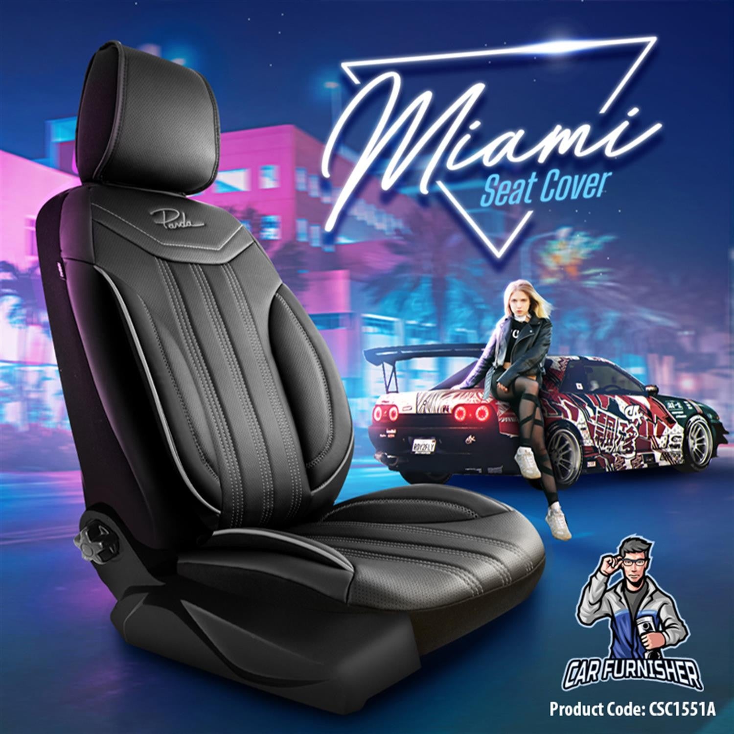 Car Seat Cover Set - Miami Design Black 5 Seats + Headrests (Full Set) Full Leather