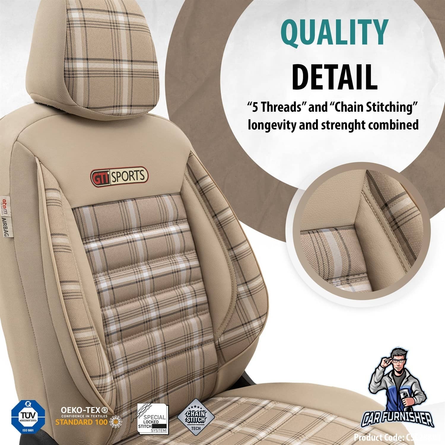 Luxury Car Seat Cover Set (8 Colors) | Sports Series Beige Leather & Fabric