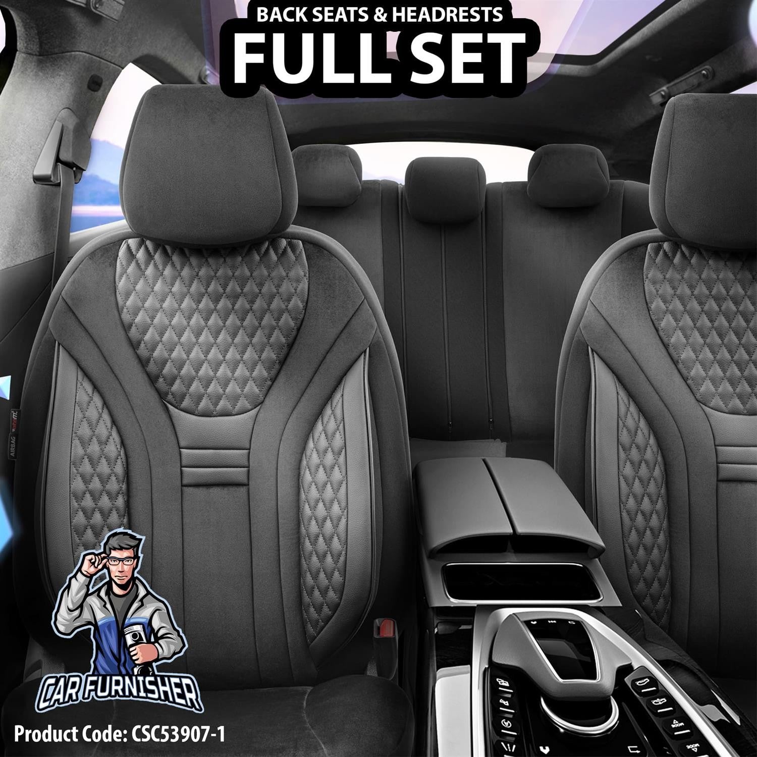 Luxury Car Seat Cover Set (3 Colors) | Infinity Series Black 5 Seats + Headrests (Full Set) Leather & Fabric