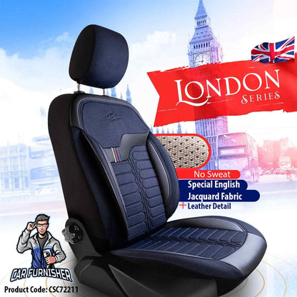 Car Seat Cover Set - London Design Blue 5 Seats + Headrests (Full Set) Leather & Jacquard Fabric
