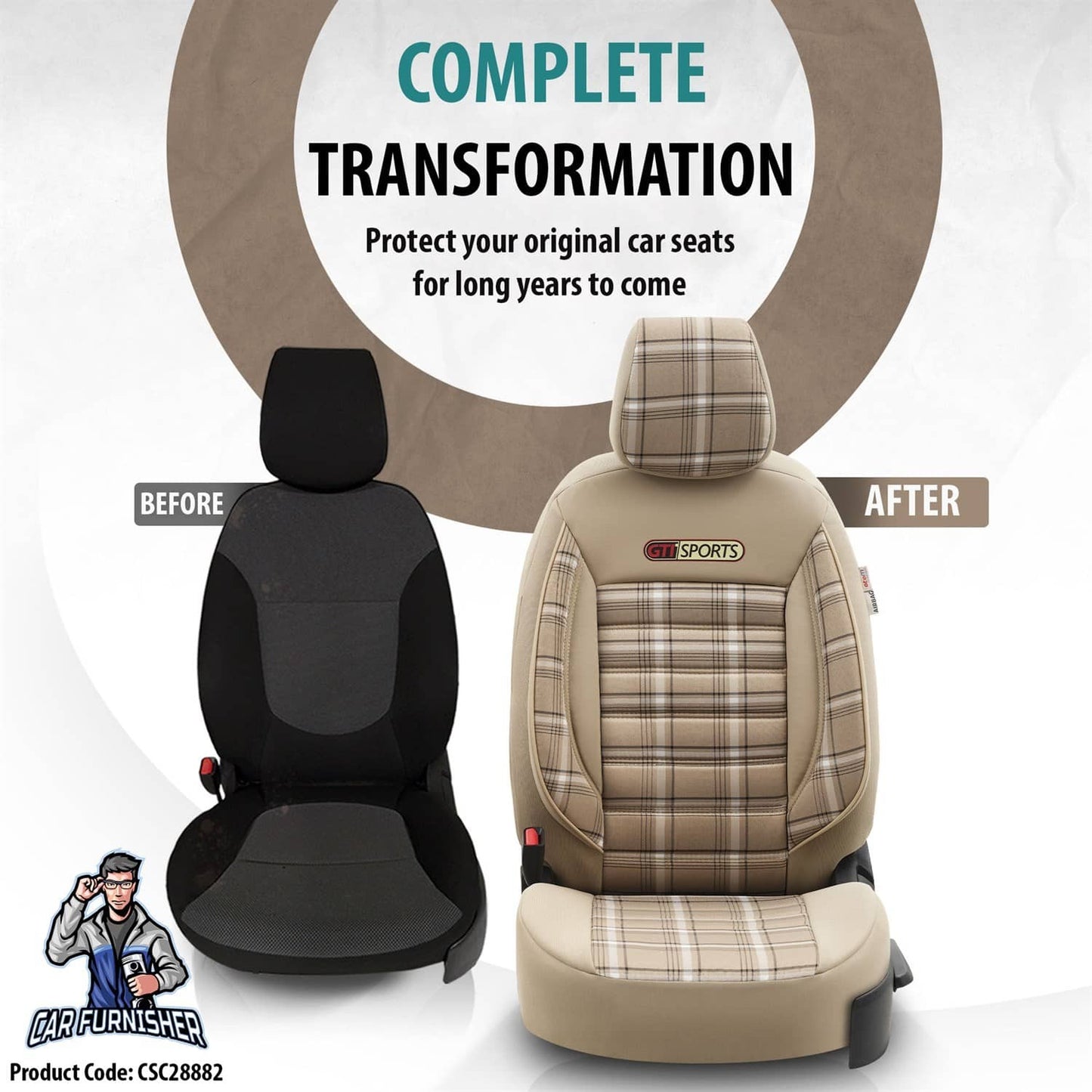 Car Seat Cover Set - Sports Design Beige 5 Seats + Headrests (Full Set) Leather & Jacquard Fabric