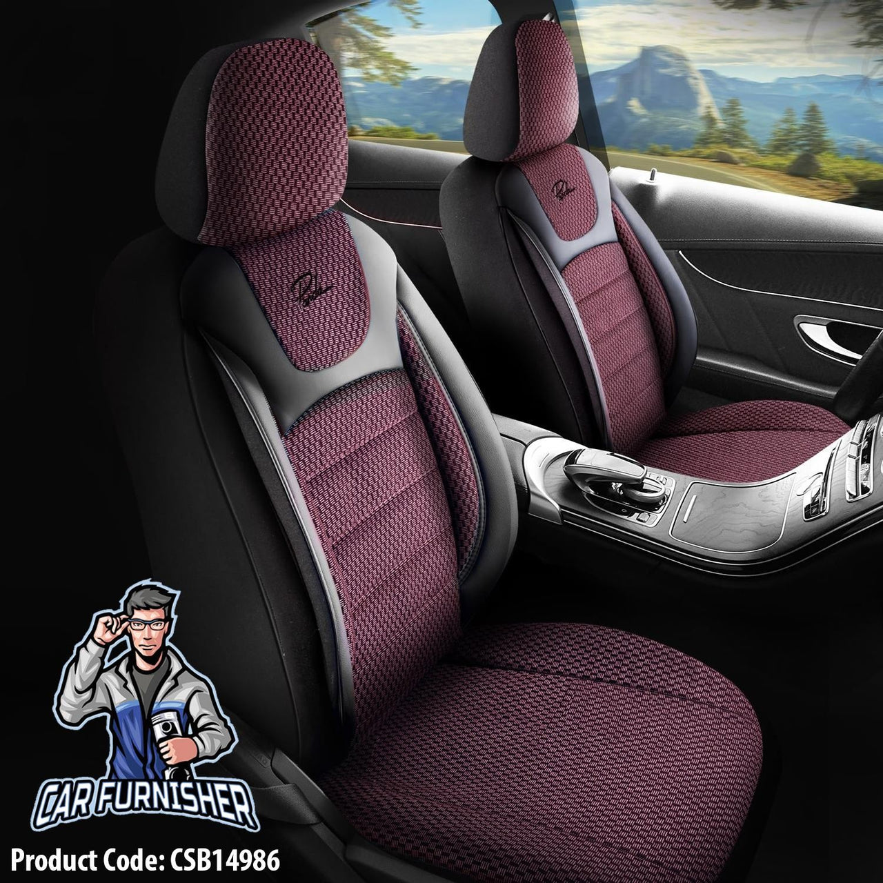 Car Seat Cover Set - Prestige Design Burgundy 5 Seats + Headrests (Full Set) Leather & Woven Fabric
