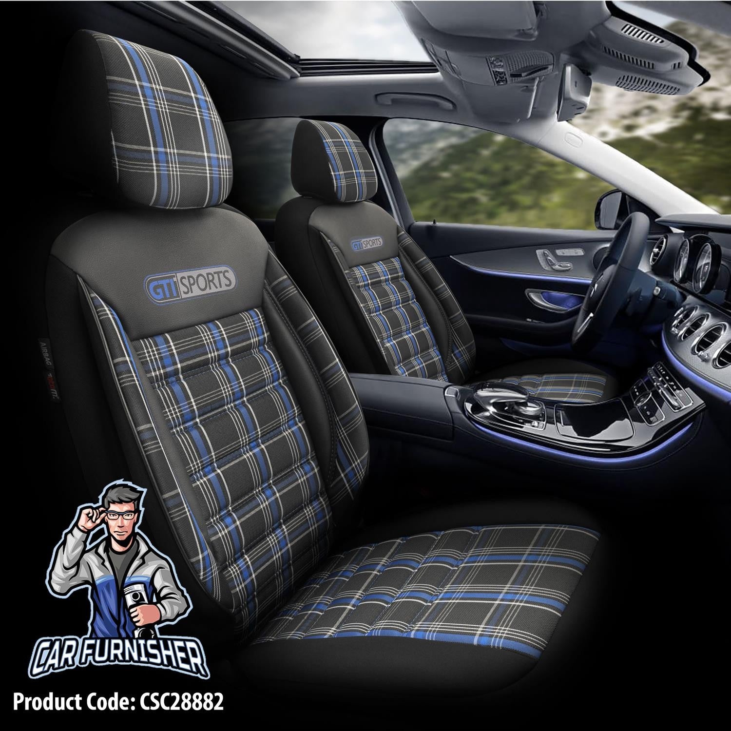 Luxury Car Seat Cover Set (8 Colors) | Sports Series Blue Leather & Fabric
