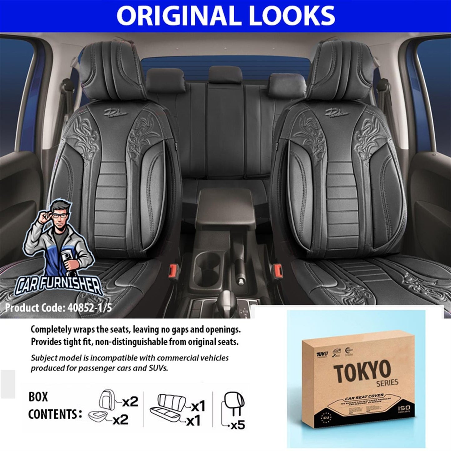 Car Seat Cover Set - Tokyo Design Black 5 Seats + Headrests (Full Set) Full Leather