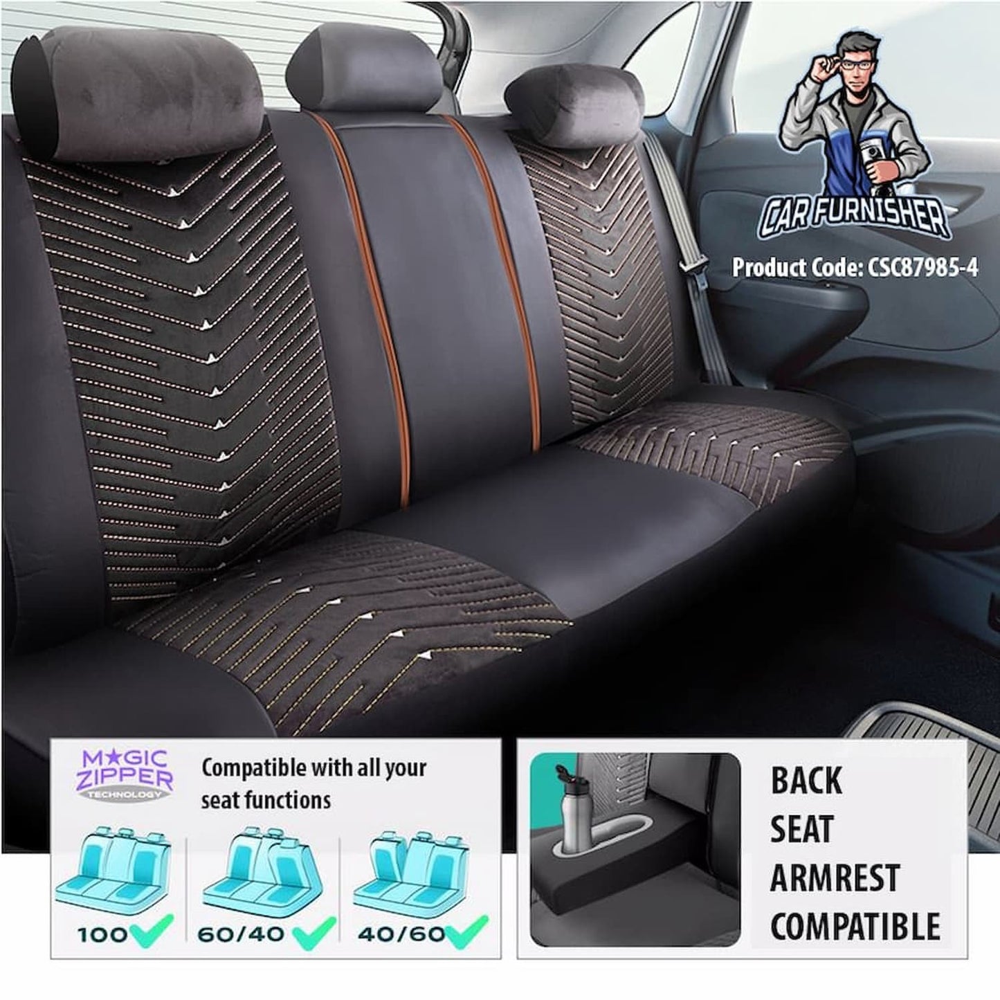 Car Seat Cover Set - Dubai Design Tan-Snuff 5 Seats + Headrests (Full Set) Leather & Velvet Fabric