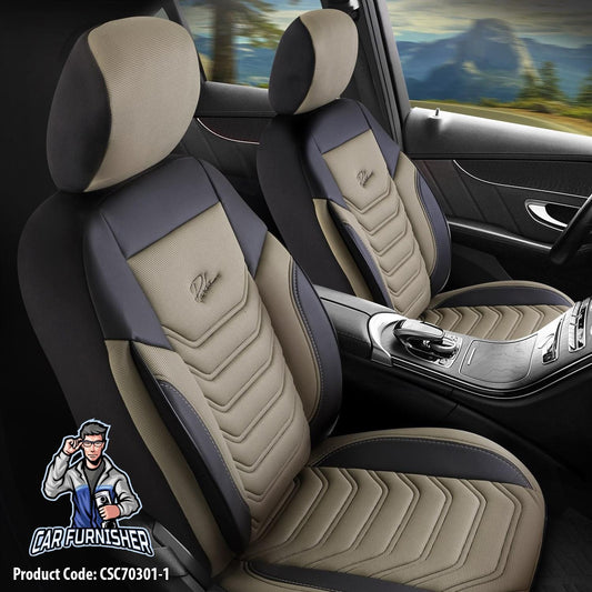 Car Seat Cover Set - Florida Design Beige 5 Seats + Headrests (Full Set) Leather & Fabric