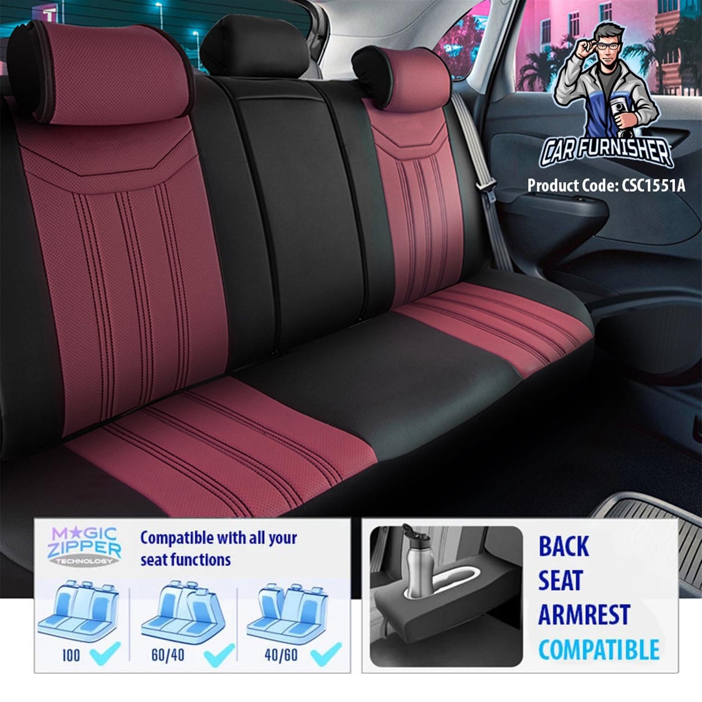 Car Seat Cover Set - Miami Design Burgundy 5 Seats + Headrests (Full Set) Full Leather