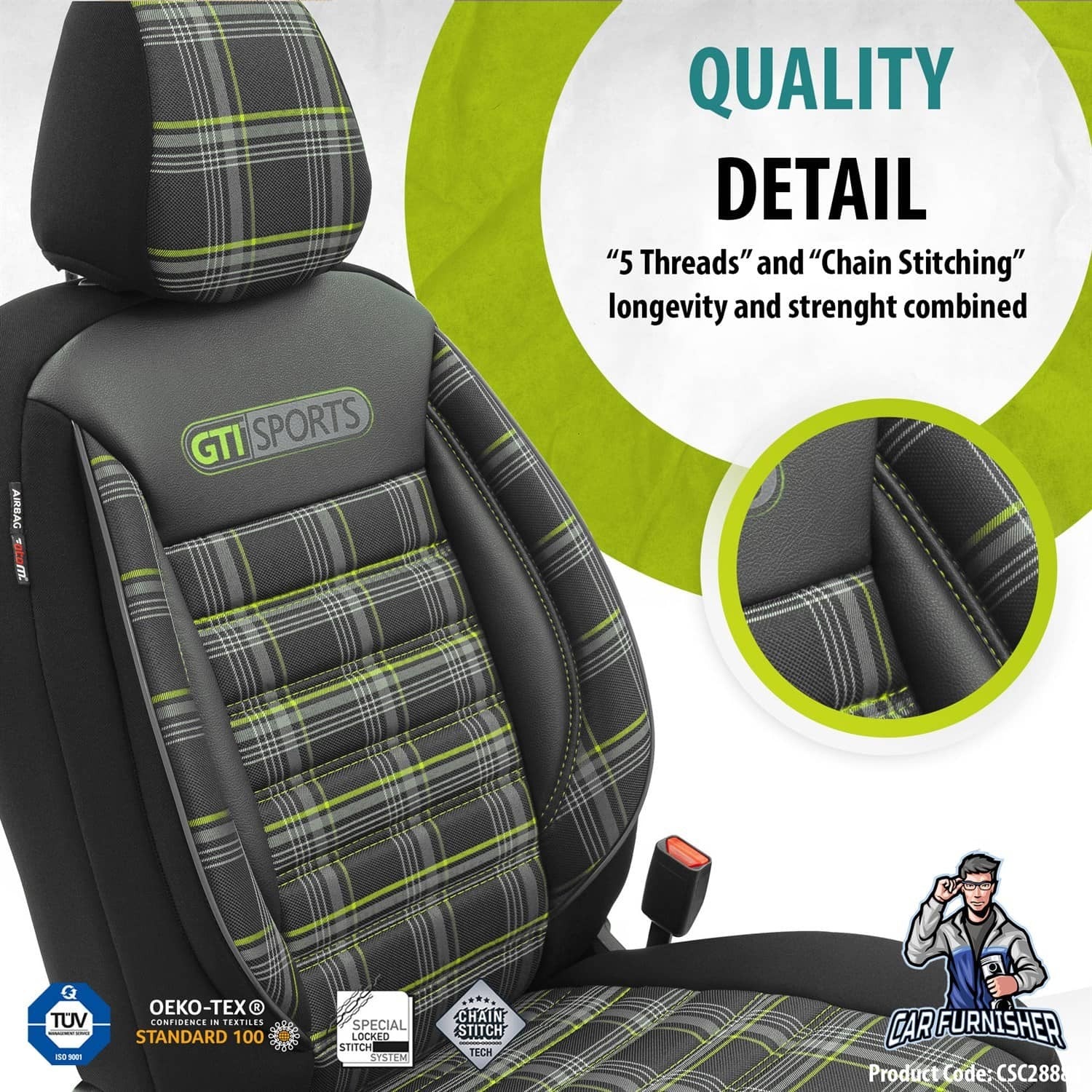 Luxury Car Seat Cover Set (8 Colors) | Sports Series Green Leather & Fabric