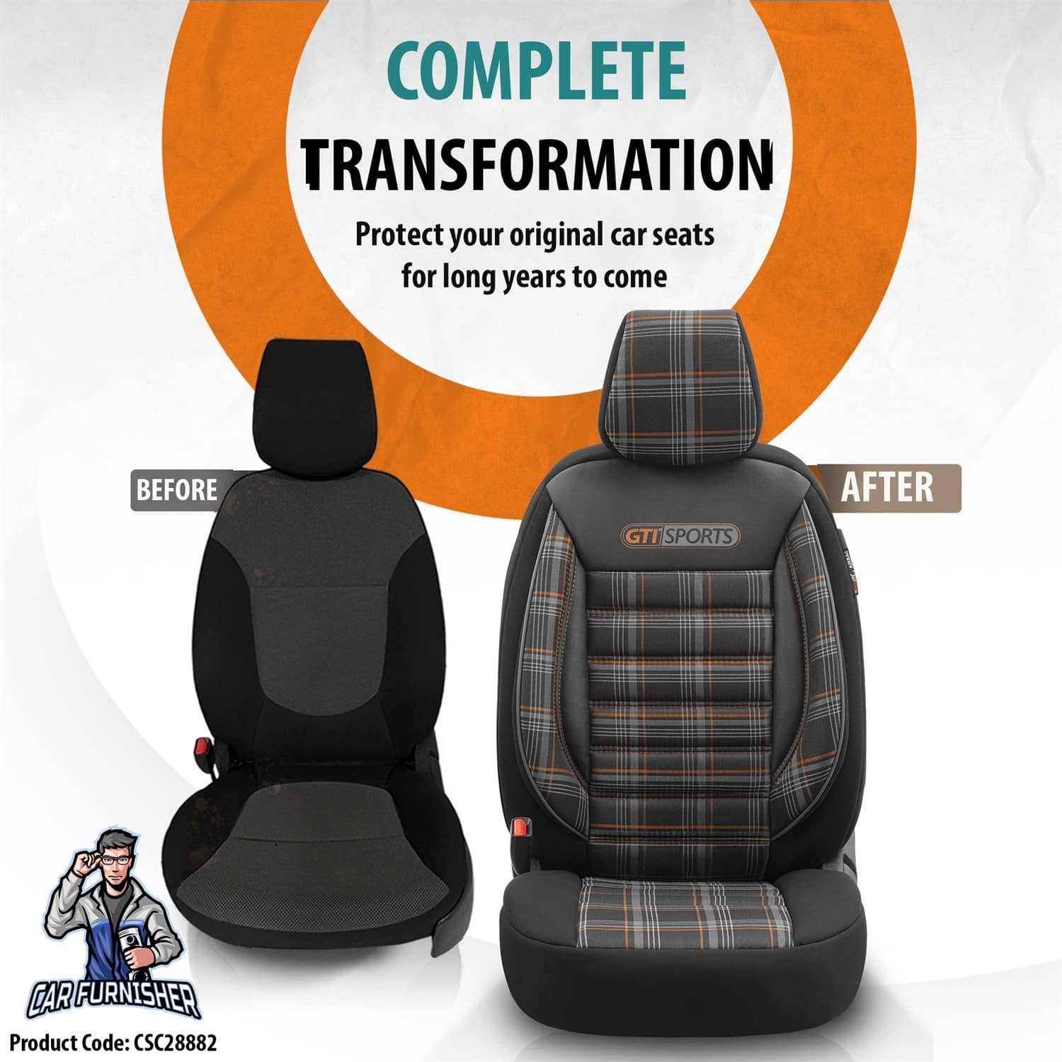 Luxury Car Seat Cover Set (8 Colors) | Sports Series Orange Leather & Fabric