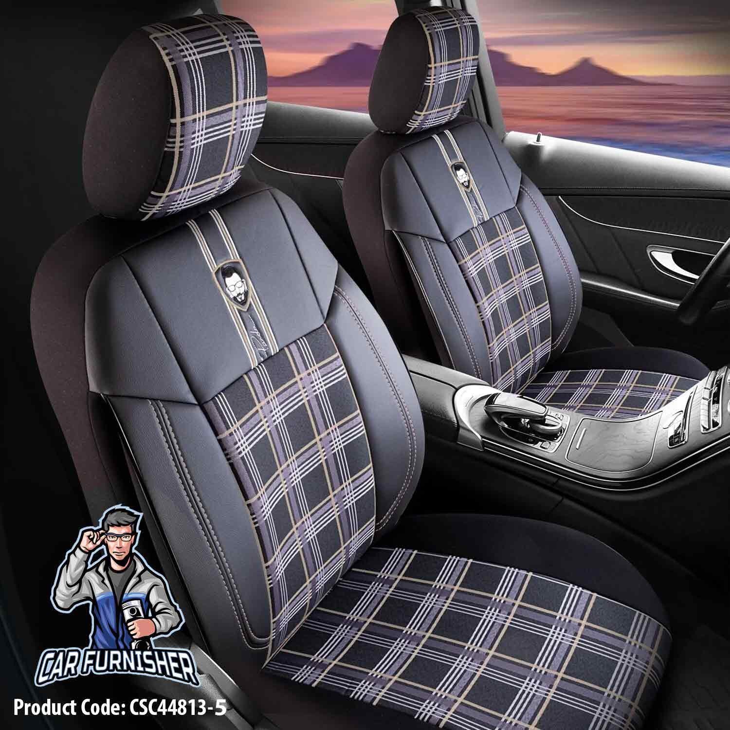Car Seat Cover Set - Cesme Design Beige 5 Seats + Headrests (Full Set) Leather & Plaid Fabric