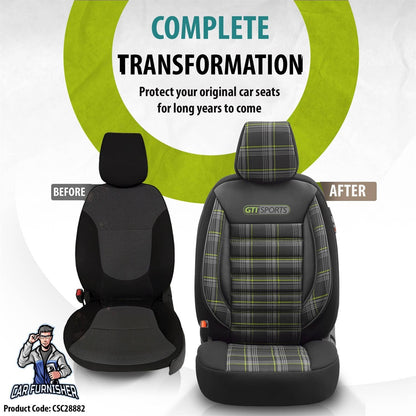 Car Seat Cover Set - Sports Design Green 5 Seats + Headrests (Full Set) Leather & Jacquard Fabric