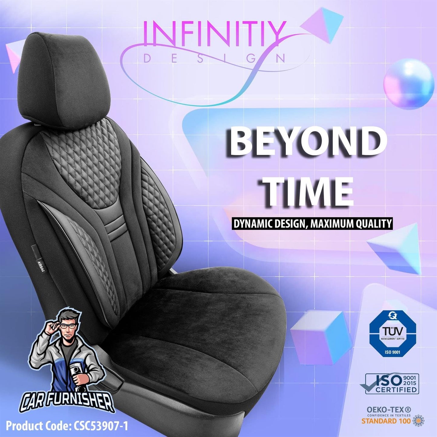 Car Seat Cover Set - Infinity Design Black 5 Seats + Headrests (Full Set) Leather & Suede Fabric