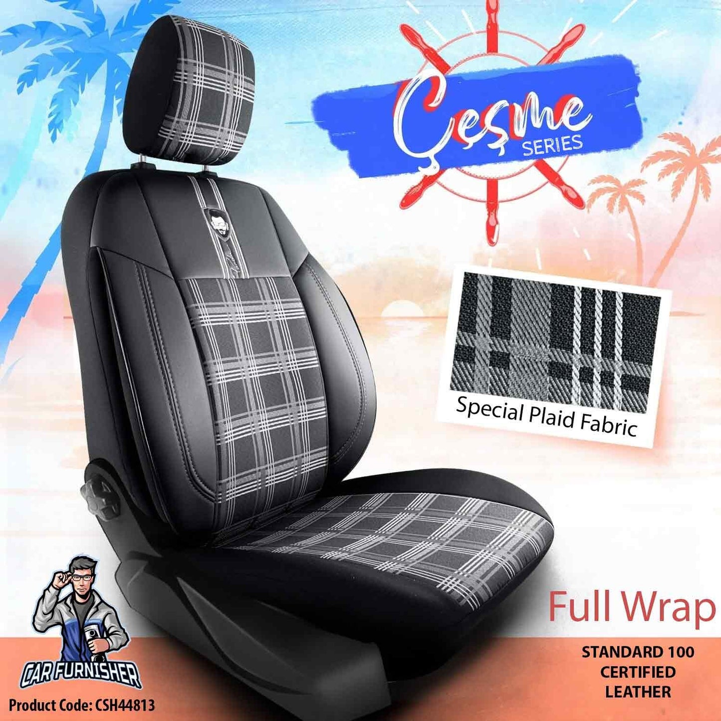 Car Seat Cover Set - Cesme Design Gray 5 Seats + Headrests (Full Set) Leather & Plaid Fabric