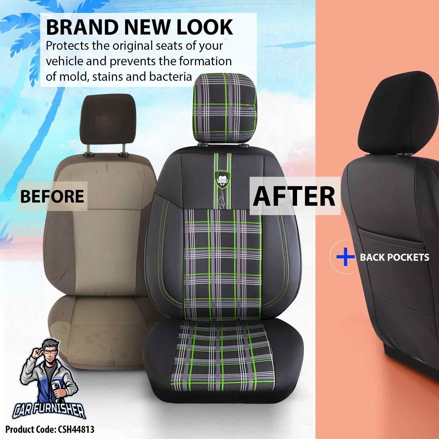 Car Seat Cover Set - Cesme Design Green 5 Seats + Headrests (Full Set) Leather & Plaid Fabric