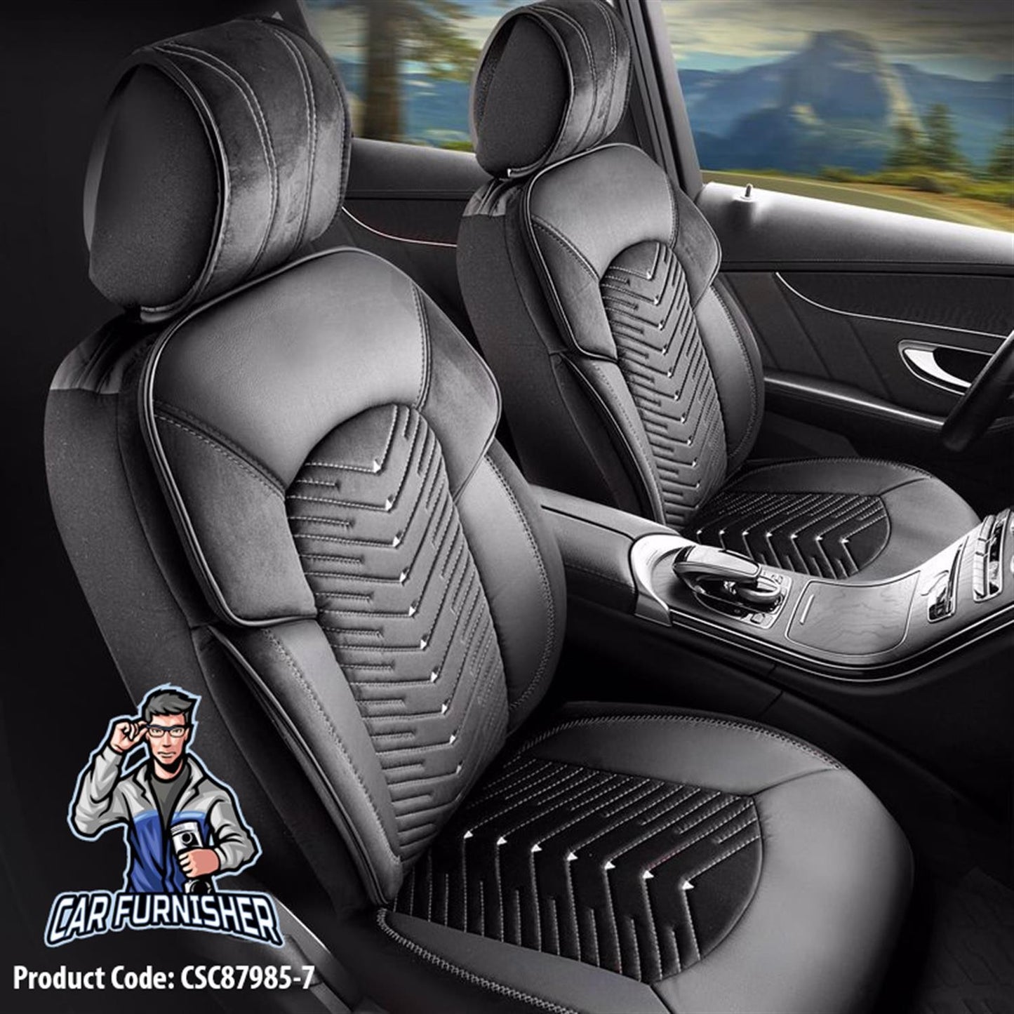Car Seat Cover Set - Dubai Design Black 5 Seats + Headrests (Full Set) Leather & Velvet Fabric