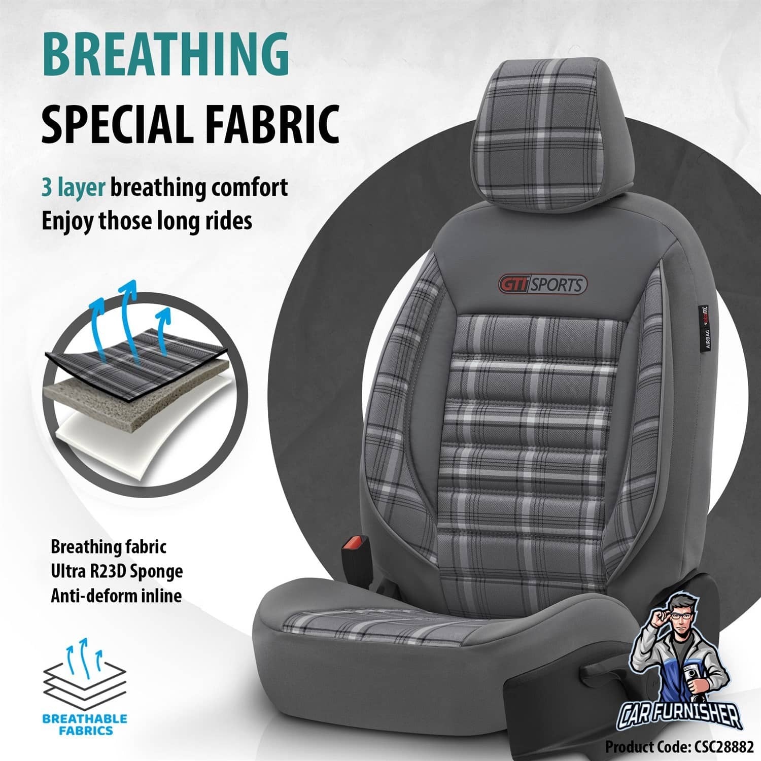 Luxury Car Seat Cover Set (8 Colors) | Sports Series Gray Leather & Fabric