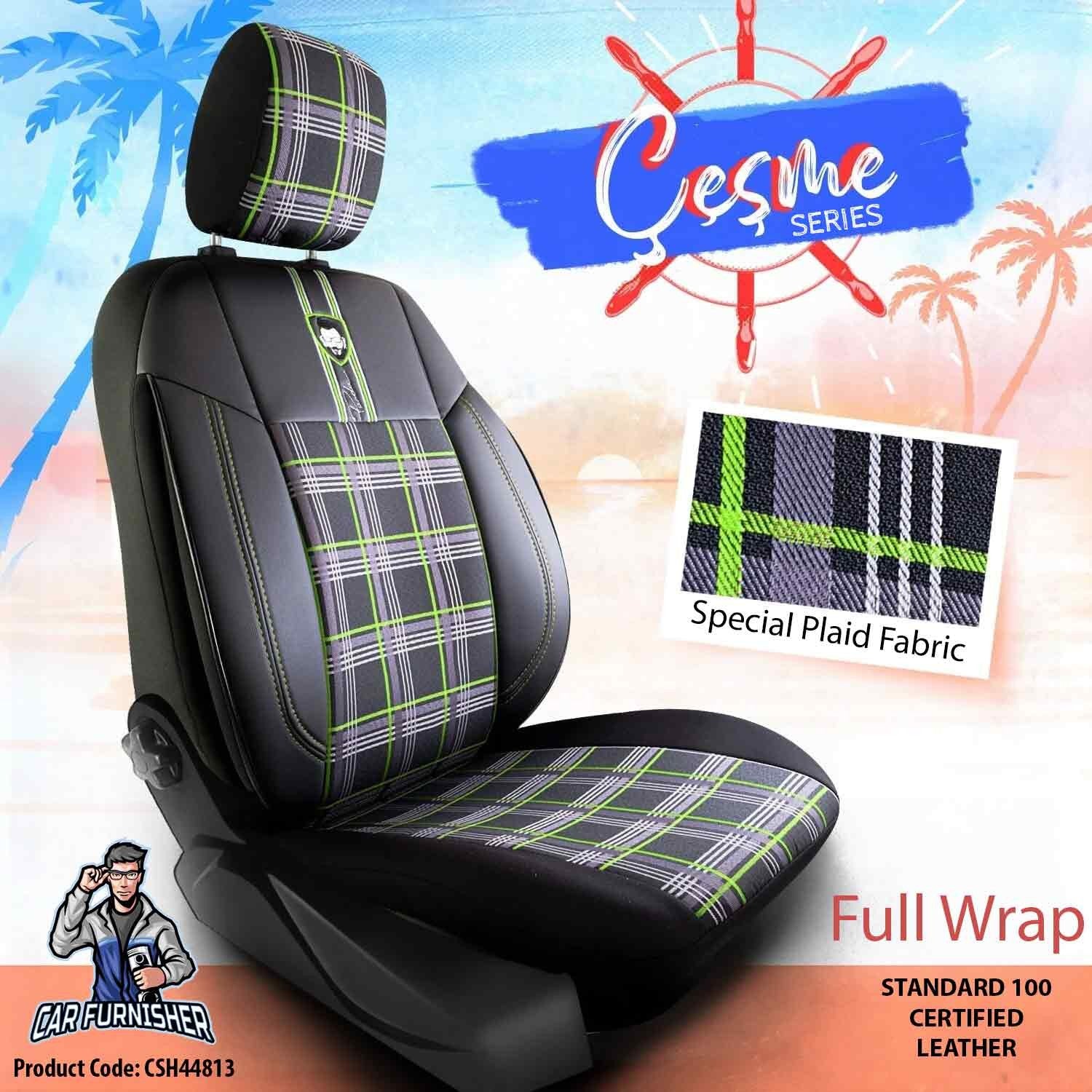 Car Seat Cover Set - Cesme Design Green 5 Seats + Headrests (Full Set) Leather & Plaid Fabric