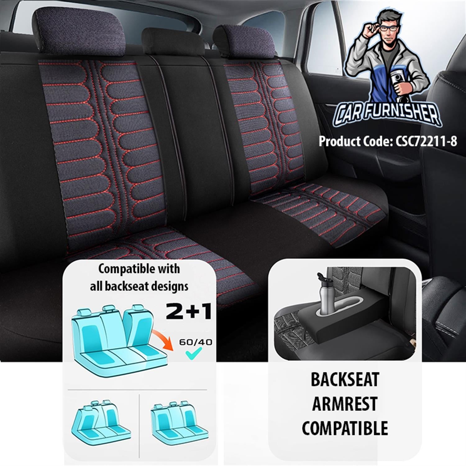 Car Seat Cover Set - London Design Dark Red 5 Seats + Headrests (Full Set) Leather & Jacquard Fabric