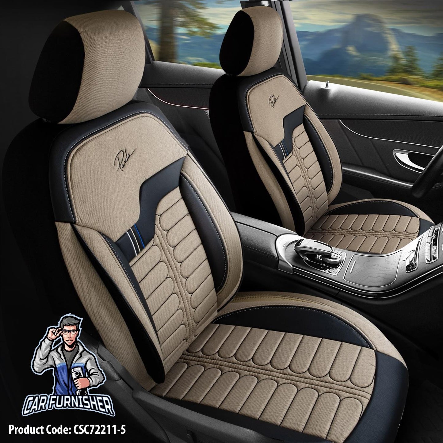 Car Seat Cover Set - London Design Dark Beige 5 Seats + Headrests (Full Set) Leather & Jacquard Fabric