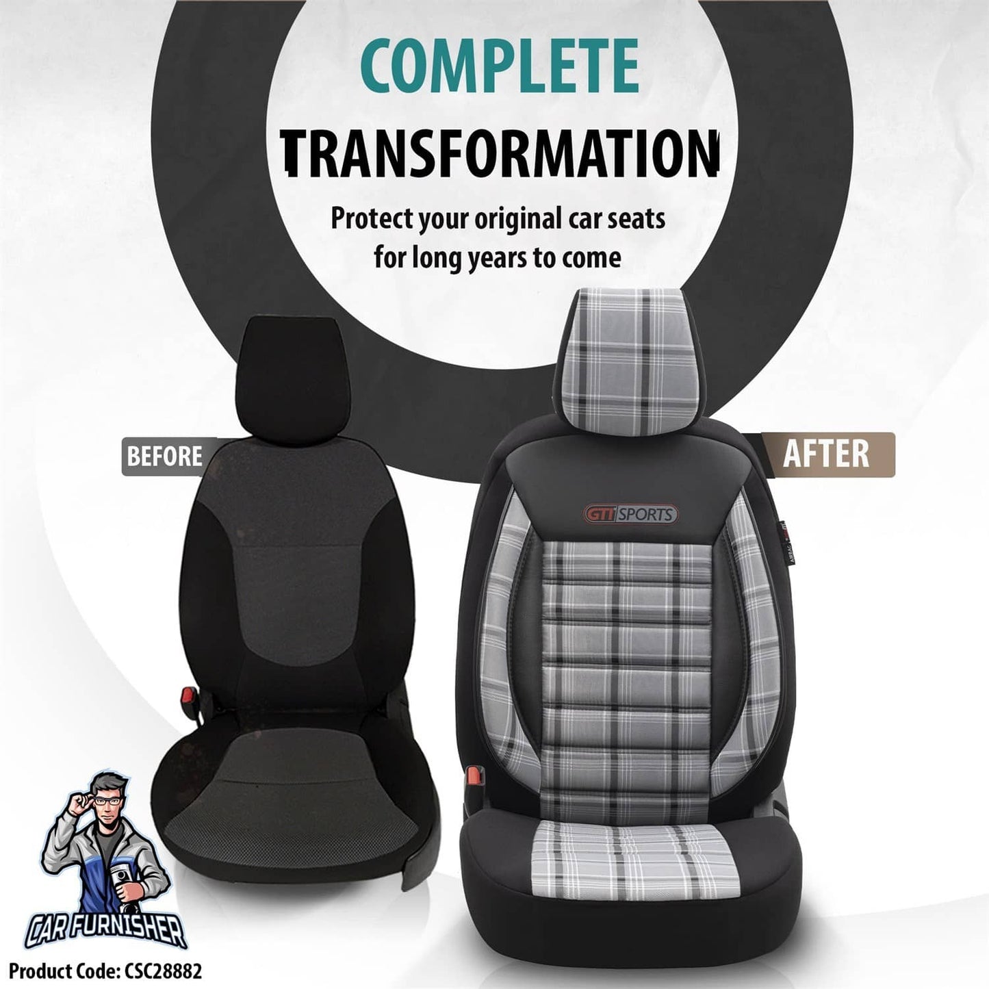 Car Seat Cover Set - Sports Design Silver 5 Seats + Headrests (Full Set) Leather & Jacquard Fabric