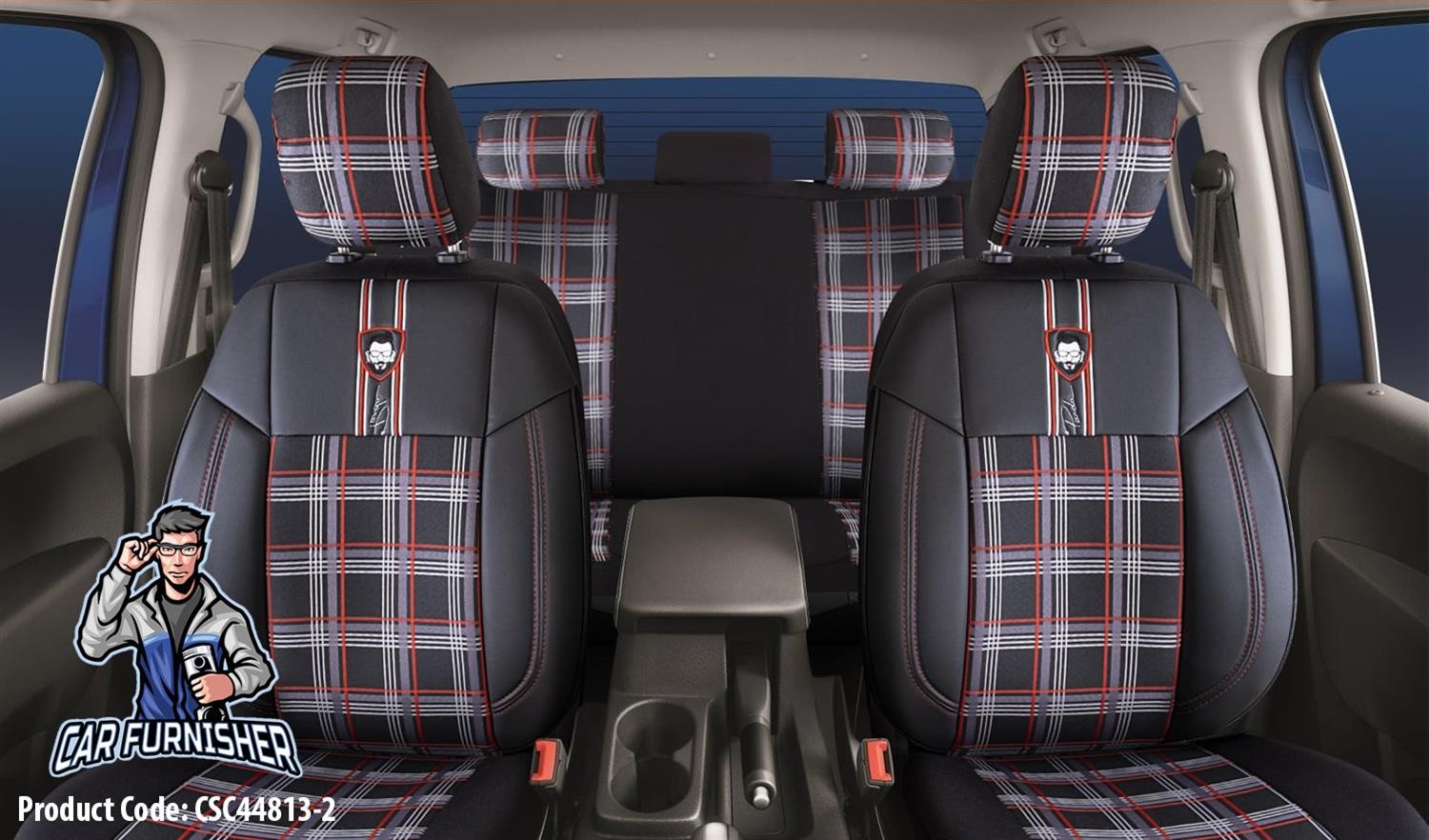 Car Seat Cover Set - Cesme Design Red 5 Seats + Headrests (Full Set) Leather & Plaid Fabric