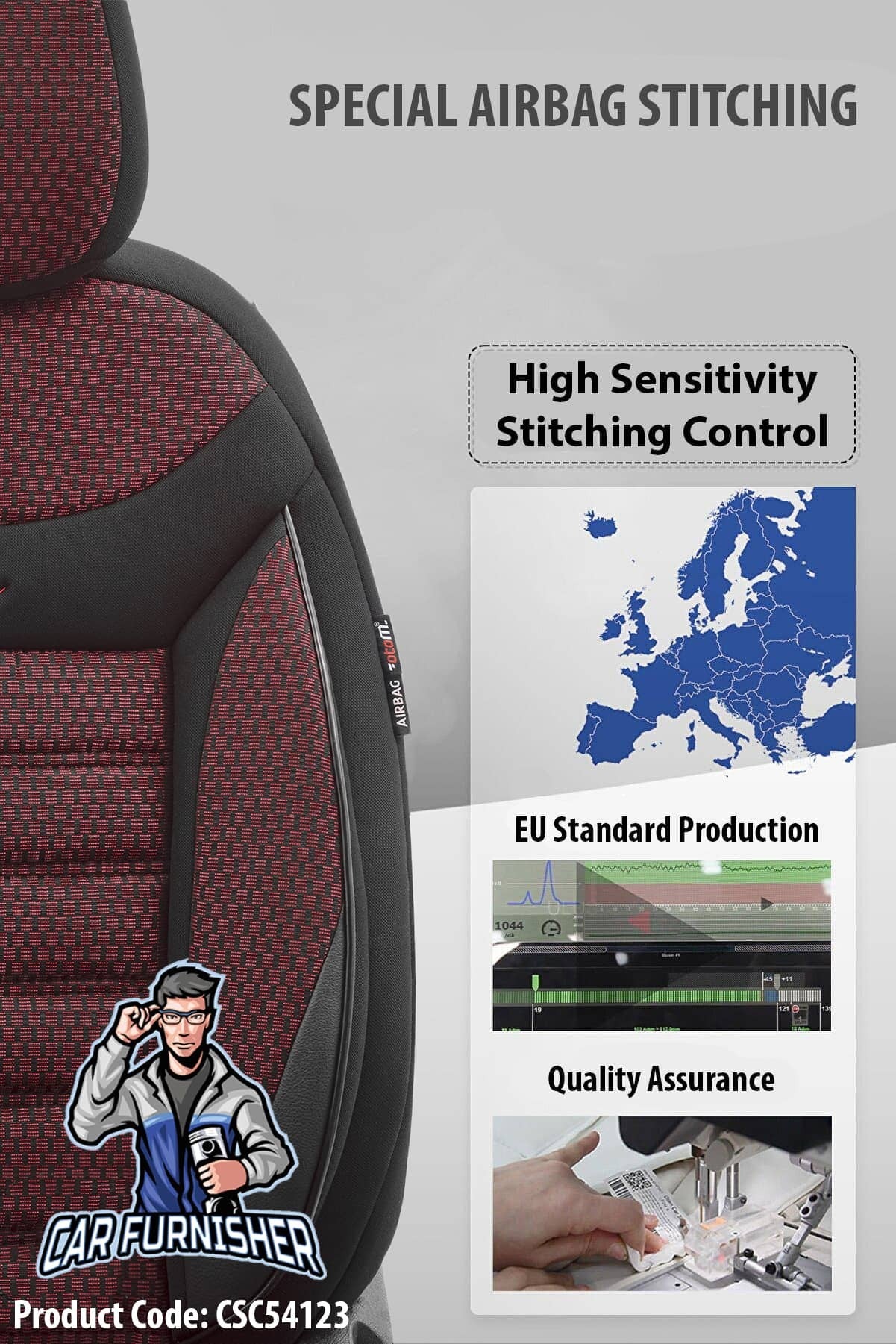 Car Seat Cover Set - Line Design Red 5 Seats + Headrests (Full Set) Leather & Cotton Fabric