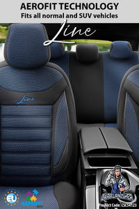 Thumbnail for Car Seat Cover Set - Line Design Blue 5 Seats + Headrests (Full Set) Leather & Cotton Fabric