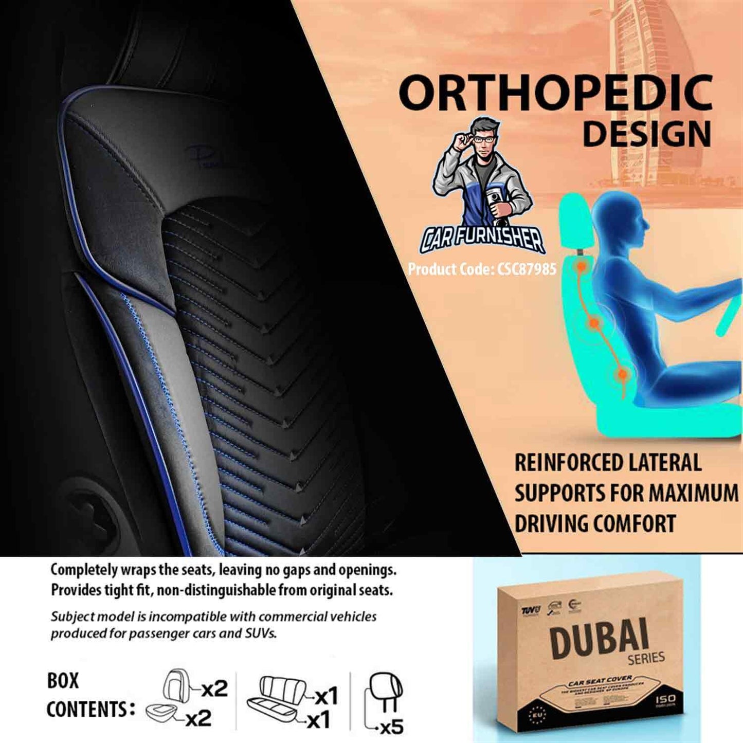 Car Seat Cover Set - Dubai Design Blue 5 Seats + Headrests (Full Set) Leather & Velvet Fabric