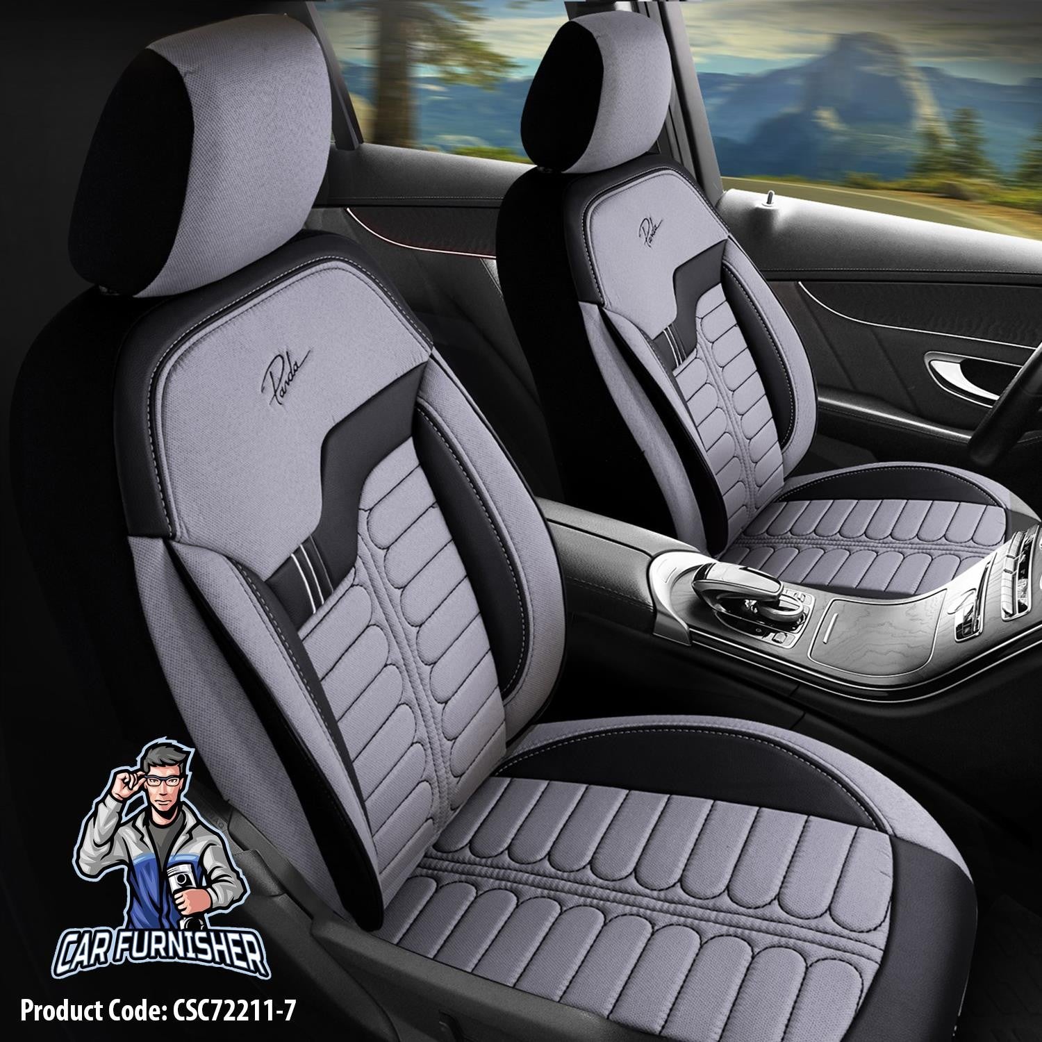 Car Seat Cover Set - London Design Silver 5 Seats + Headrests (Full Set) Leather & Jacquard Fabric