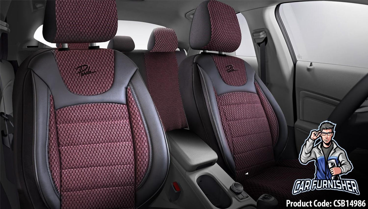 Car Seat Cover Set - Prestige Design Burgundy 5 Seats + Headrests (Full Set) Leather & Woven Fabric