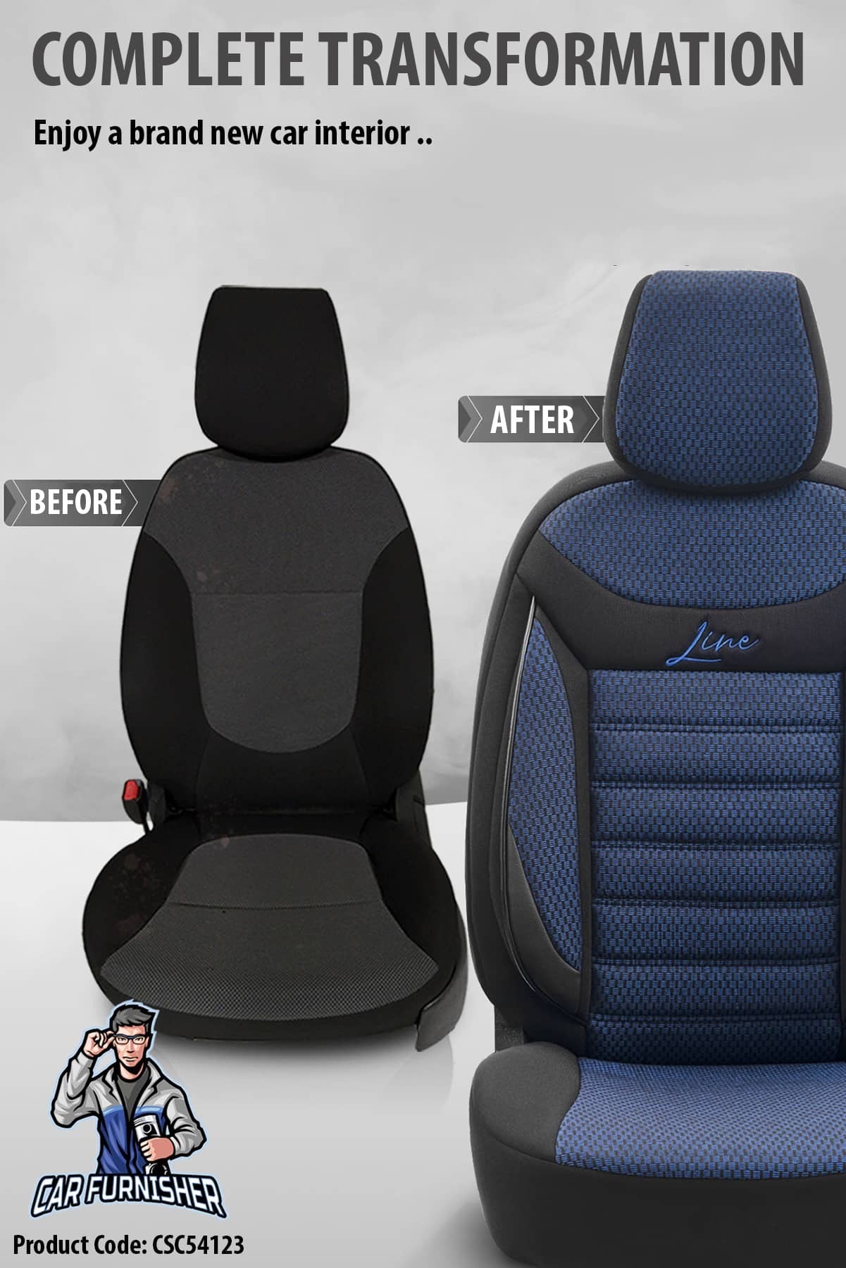 Car Seat Cover Set - Line Design Blue 5 Seats + Headrests (Full Set) Leather & Cotton Fabric