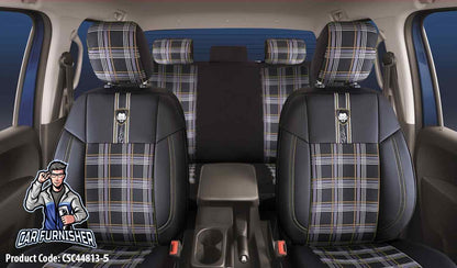 Car Seat Cover Set - Cesme Design Beige 5 Seats + Headrests (Full Set) Leather & Plaid Fabric