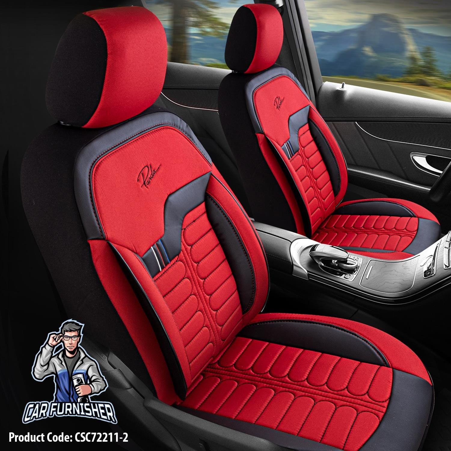 Car Seat Cover Set - London Design Red 5 Seats + Headrests (Full Set) Leather & Jacquard Fabric