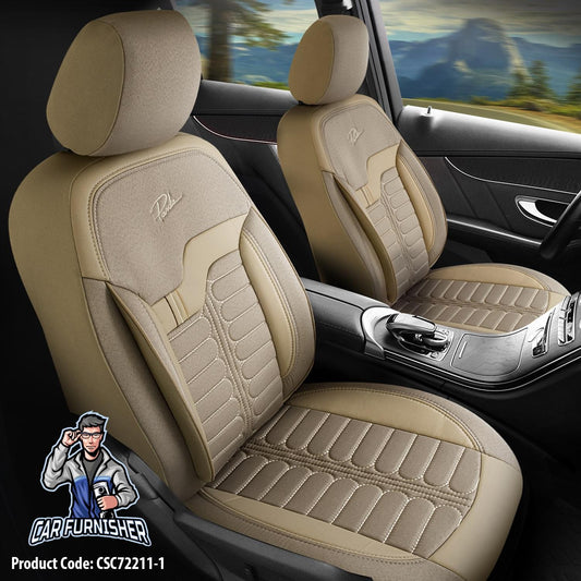 Car Seat Cover Set - London Design Beige 5 Seats + Headrests (Full Set) Leather & Jacquard Fabric