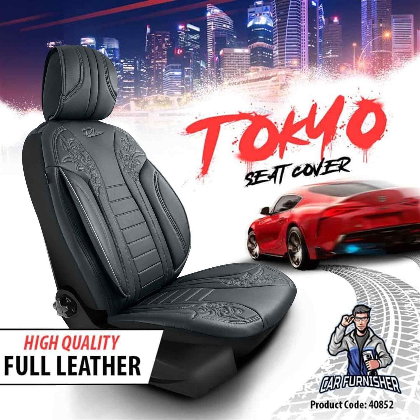 Car Seat Cover Set - Tokyo Design Smoked Black 5 Seats + Headrests (Full Set) Full Leather