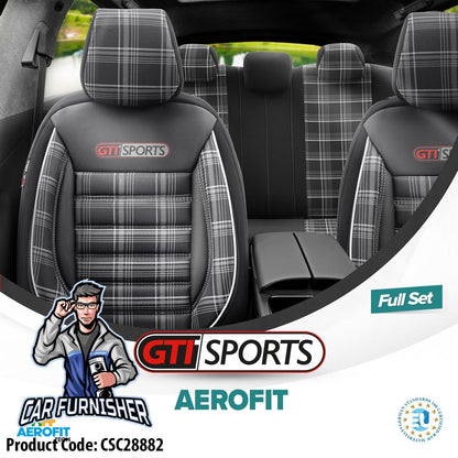 Car Seat Cover Set - Sports Design Smoked Black 5 Seats + Headrests (Full Set) Leather & Jacquard Fabric