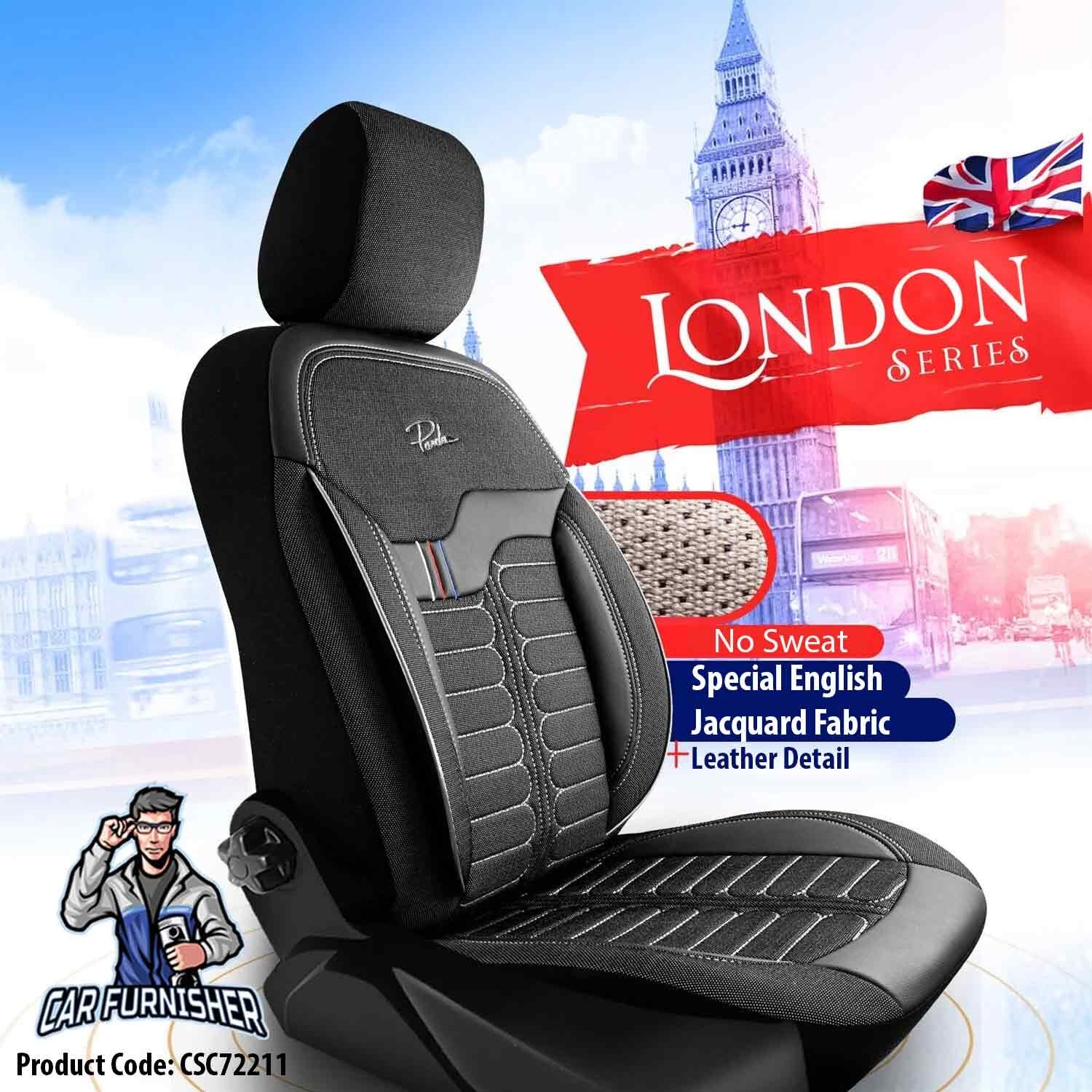 Car Seat Cover Set - London Design Black 5 Seats + Headrests (Full Set) Leather & Jacquard Fabric