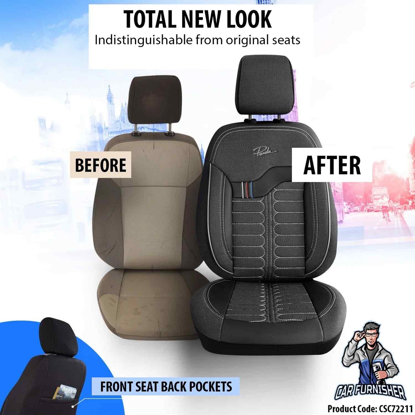 Car Seat Cover Set - London Design Black 5 Seats + Headrests (Full Set) Leather & Jacquard Fabric