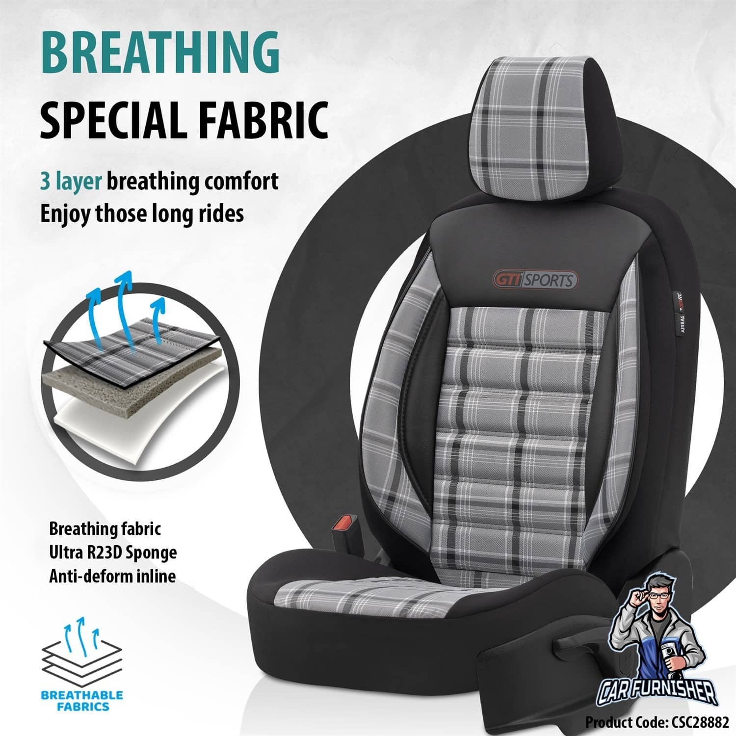 Luxury Car Seat Cover Set (8 Colors) | Sports Series Silver Leather & Fabric